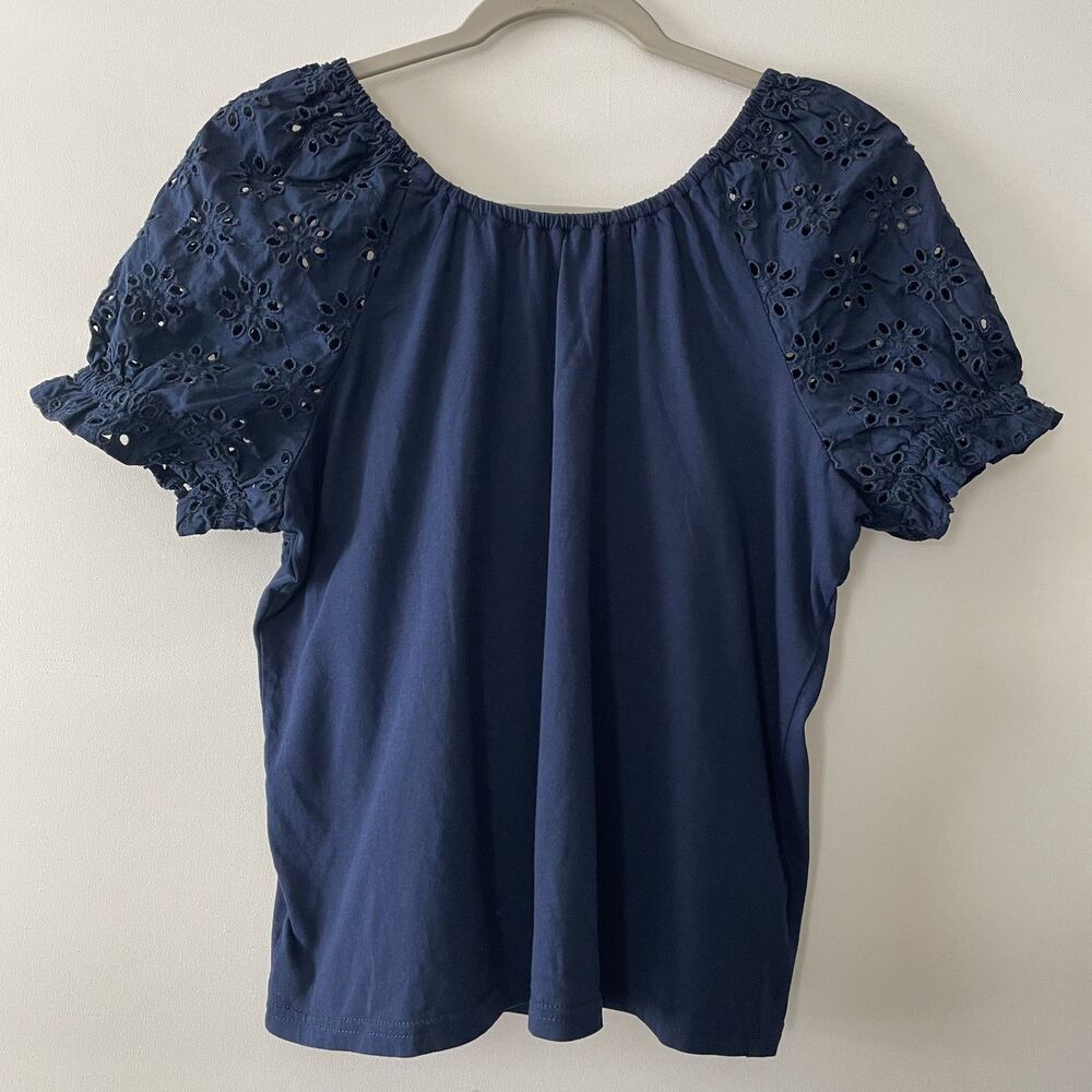 NWT J.Crew Women's Puff Sleeve Eyelet Tie Back Top Navy Blue Size S-(dp)